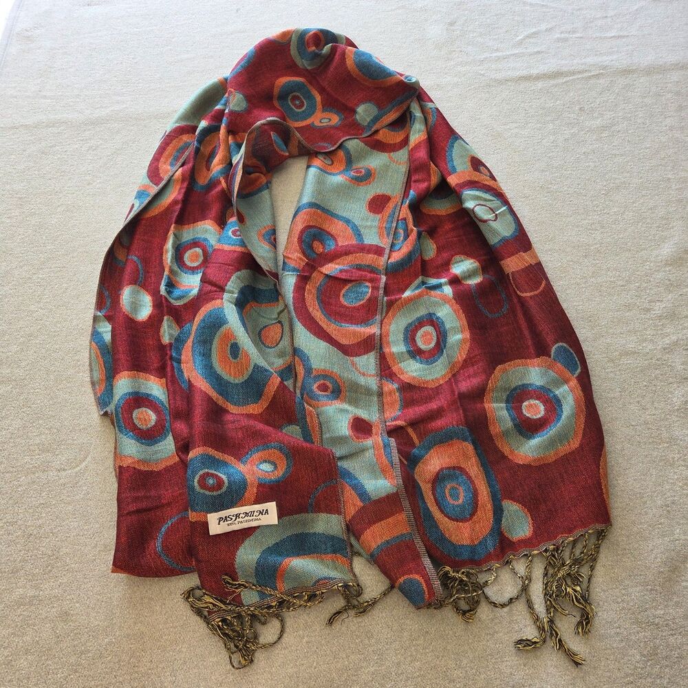 Pashmina Reversible Fringe Shawl Scarf Geometric Artsy Boho Red Turquoise Blue